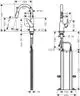 Küchenarmatur von Hansgrohe mit Ausziehbrause. Zeichnung zeigt Detailansichten mit Abmessungen und Montageinformationen. Design umfasst Hebelgriff und geschwungene Form.